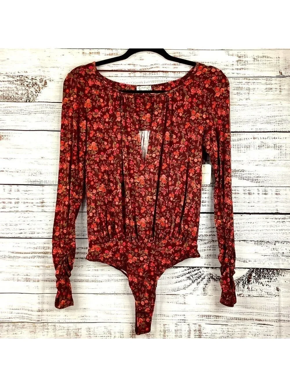 FREE PEOPLE SIZE XS FALL‎ TOP FLORAL KAYA PRINTED THONG BODYSUIT CHOCOLATE
